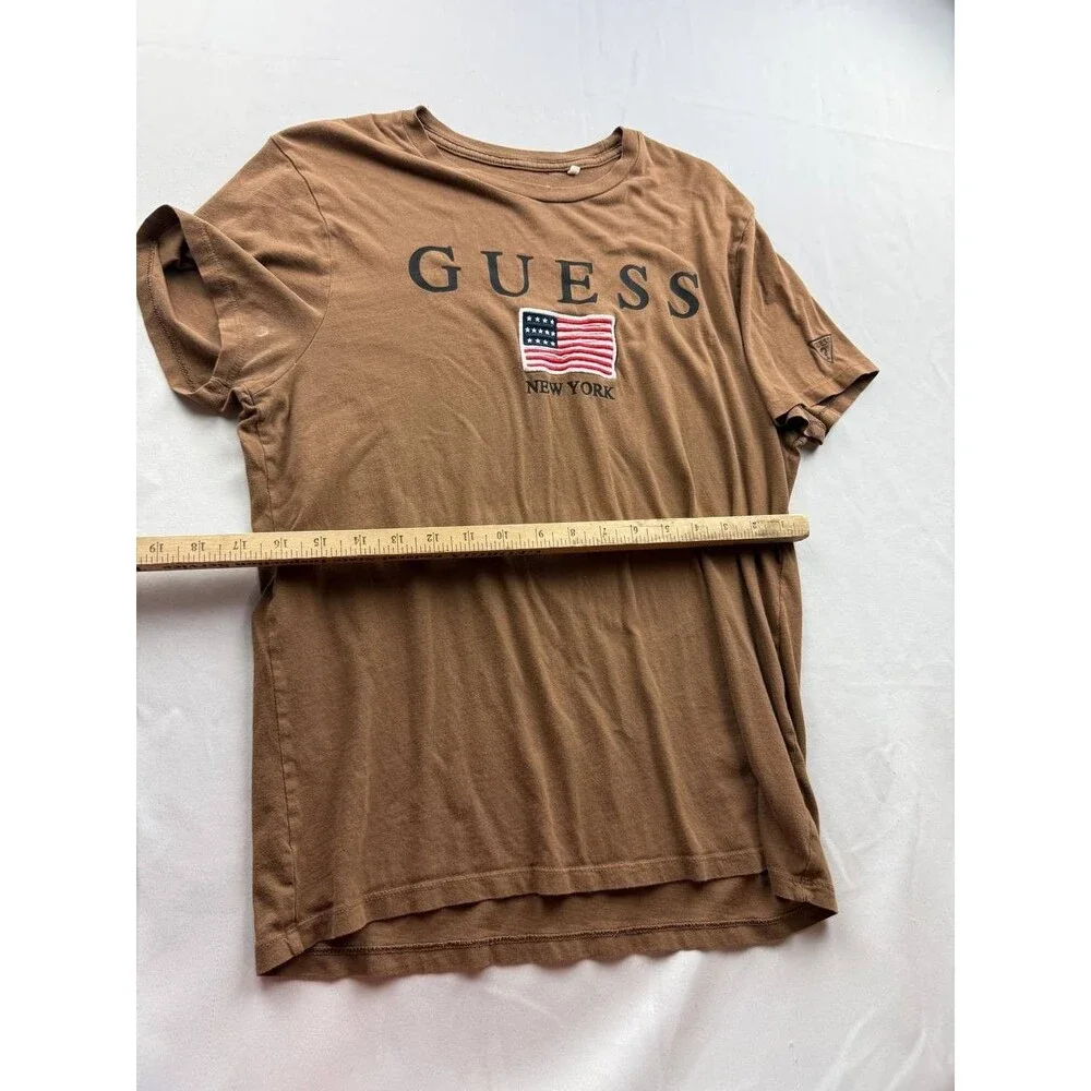 GUESS Embroidered Tee T-Shirt Mens Medium‎ Brown USA Flag Patriotic Short Sleeve - Picture 6 of 9